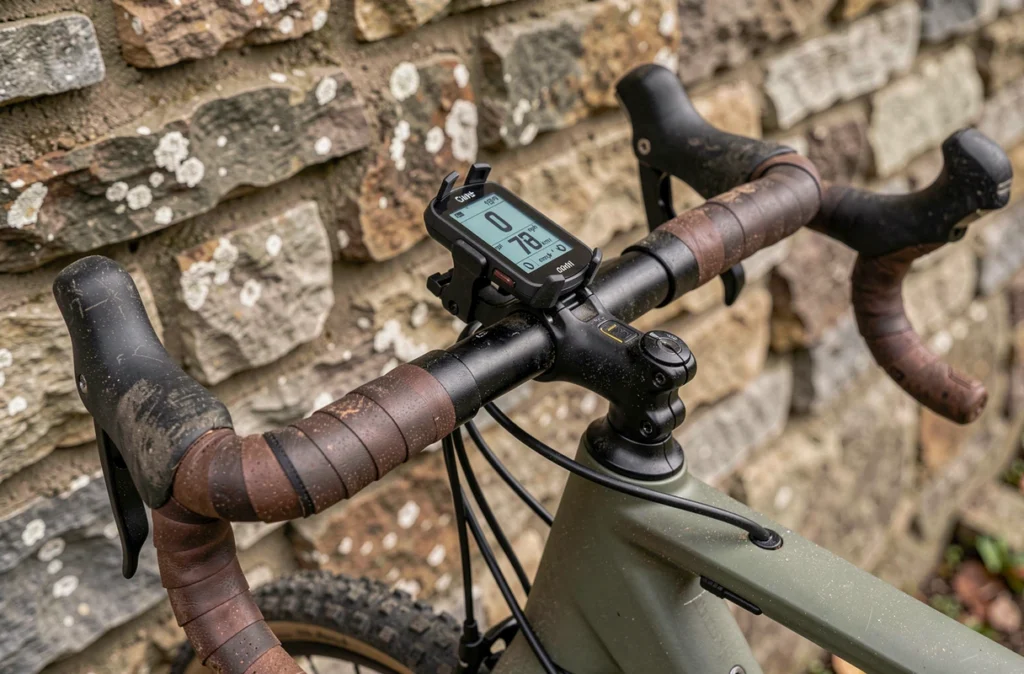 Gros plan sur le guidon d'un vélo gravel avec GPS affichant la conversion de vitesse mph en km/h contre un mur en pierre