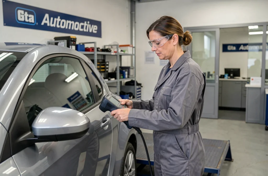 Technicienne GTA Automotive utilisant un scanner de diagnostic sur une voiture au centre de contrôle technique en Essonne