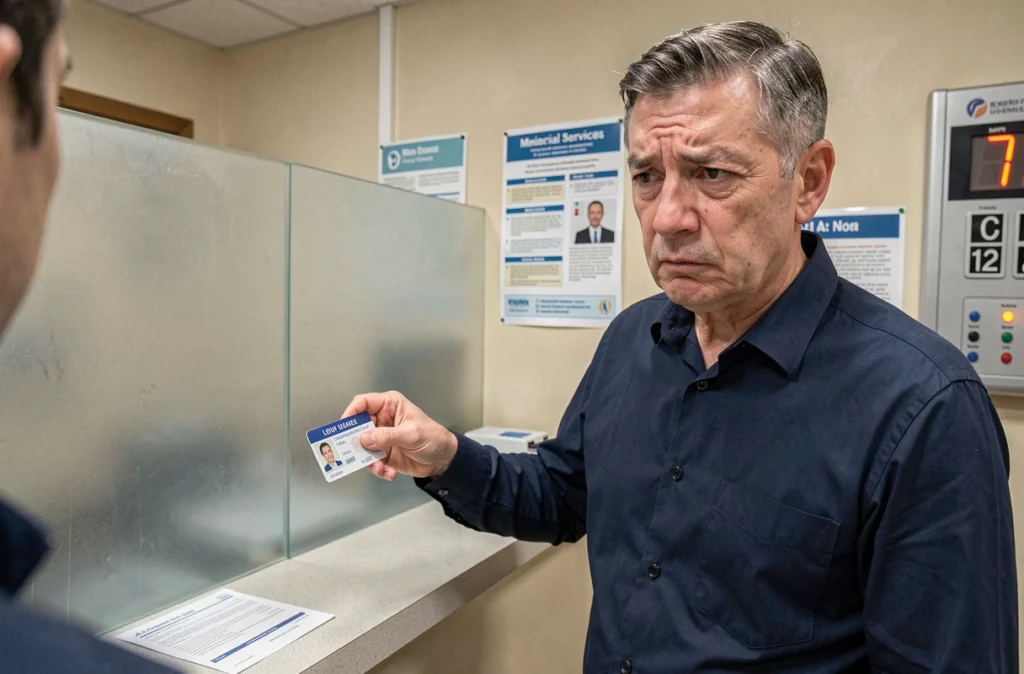 Homme présentant sa carte d'identité au guichet d'une mairie en signalant une erreur sur le numéro de formule