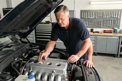 Ingénieur automobile examinant un moteur de voiture dans un atelier mécanique, illustrant la différence entre chevaux fiscaux, chevaux DIN et kilowatts