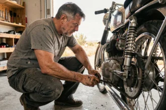 Mécanicien inspectant la chaîne d'une moto naked dans un garage en été