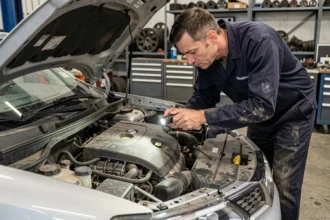 Mécanicien inspectant le moteur d'un Nissan Qashqai d'occasion dans un atelier automobile professionnel