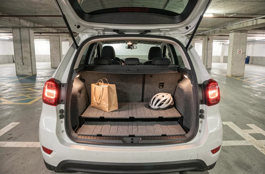 Vue intérieure du coffre modulable d'un break 308 SW phase 2 avec double plancher en parking souterrain