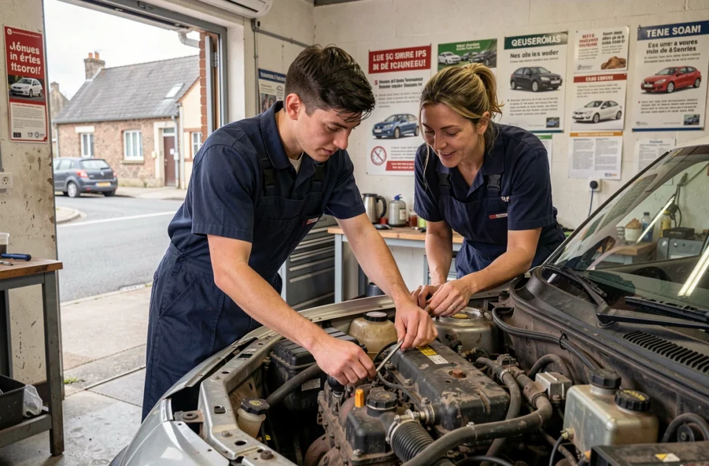 Apprenti et mentor au travail au Jayset Auto Garage Solidaire à Trappes