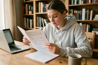 Jeune femme révisant le livret des 100 questions du permis de conduire à son bureau avec des notes manuscrites