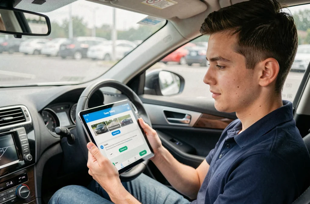 Jeune homme consultant une application de révision du code de la route sur tablette dans une voiture garée