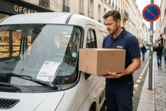 Livreur en uniforme bleu marine tenant un colis devant un camion garé sur une place de livraison en pointillés jaunes dans une rue urbaine française, avec un PV sur le pare-brise