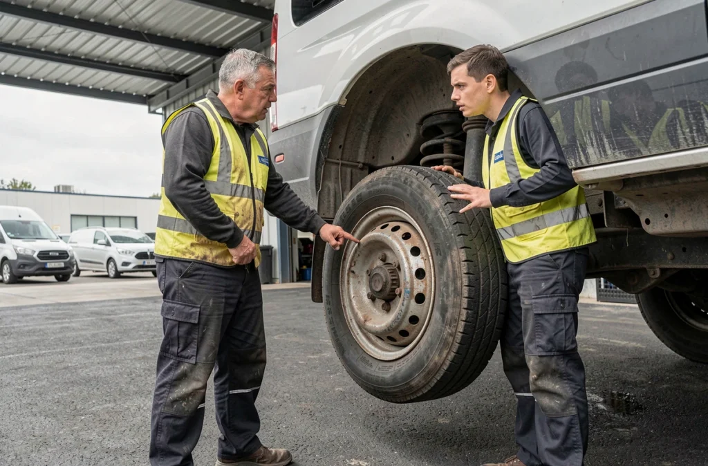 Deux mécaniciens constatant une erreur de montage de pneu maxityre sur un véhicule utilitaire surélevé