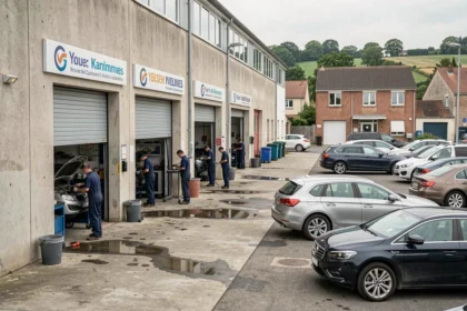 Vue d'ensemble de garages automobiles dans les Yvelines avec mécaniciens au travail