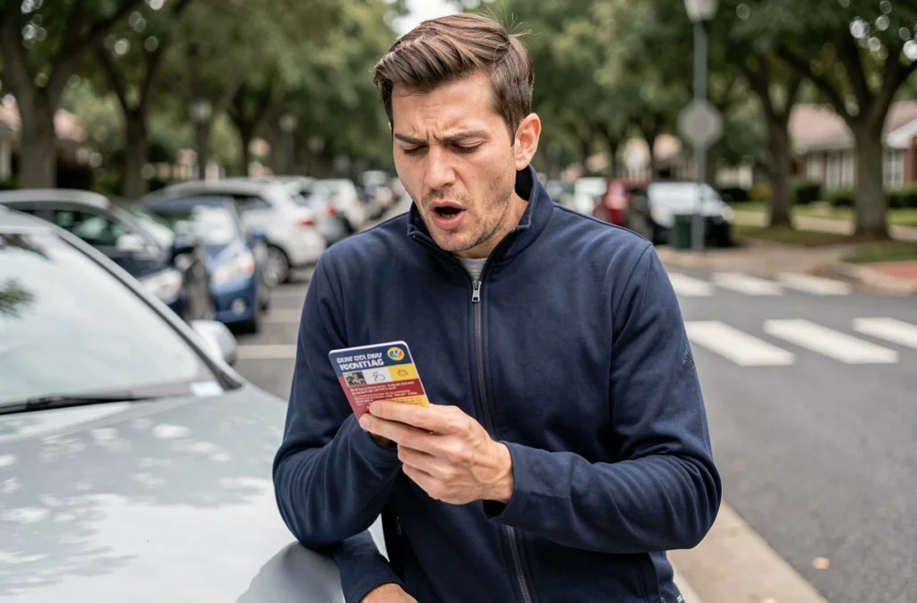 Homme mémorisant des fiches de révision pour le permis de conduire appuyé contre une voiture dans un parking calme