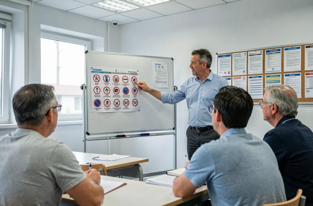 Moniteur d'auto-école expliquant les panneaux de signalisation et les règles du code de la route à des élèves dans une salle de cours