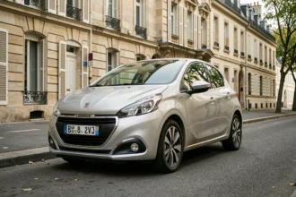 Peugeot 208 grise garée dans une rue résidentielle française, vue en trois quarts avant, illustrant la voiture la plus vendue en France