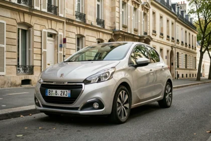 Peugeot 208 grise garée dans une rue résidentielle française, vue en trois quarts avant, illustrant la voiture la plus vendue en France