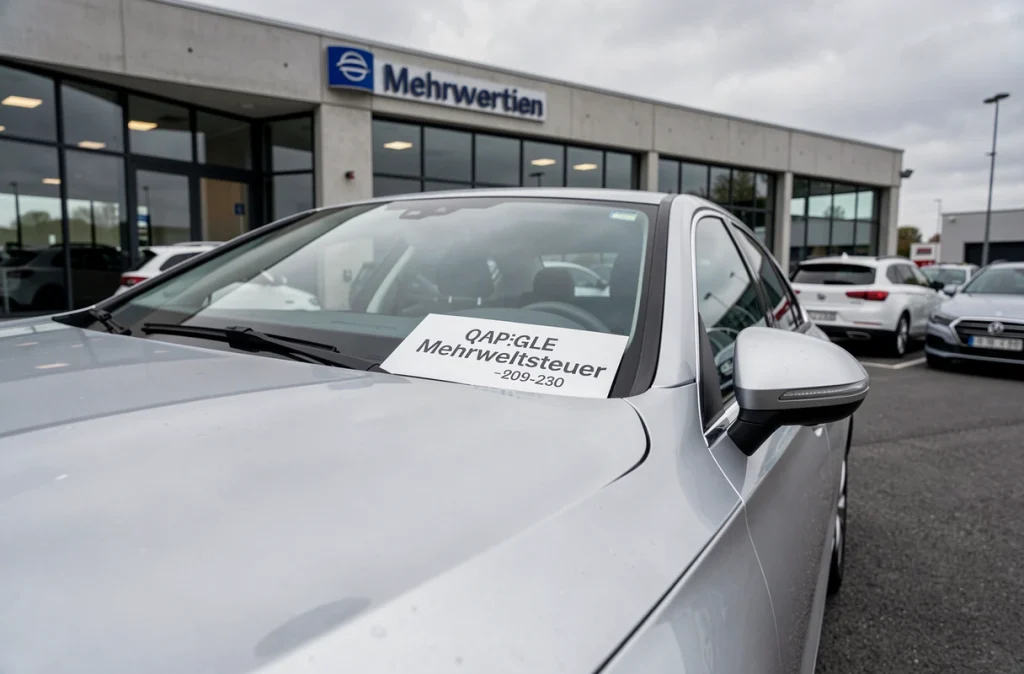 Autocollant de prix sur une voiture allemande mentionnant la TVA dans un parking de concessionnaire en Allemagne