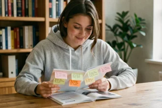 Jeune femme révisant les 100 questions du code de la route avec un livret annoté et des fiches mémo sur un bureau en bois
