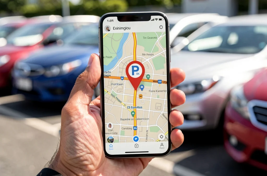 Smartphone affichant la position d'une voiture garée sur une carte