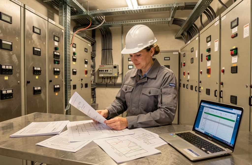 Technicienne analysant des calculs de puissance et d'autonomie électrique dans une salle de distribution industrielle avec tableaux électriques