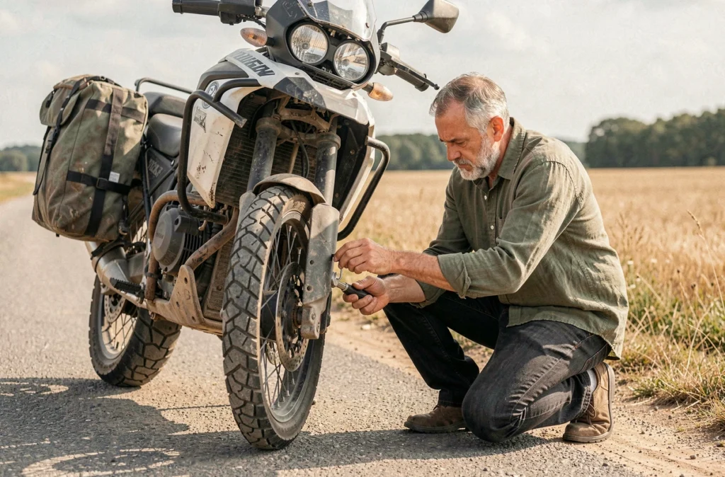 Motard vérifiant l'usure des pneus de sa moto adventure en bord de route en été
