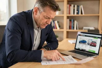 Homme d'affaires examinant des documents de vente automobile allemands sur un bureau, vérifiant les mentions de TVA avant signature