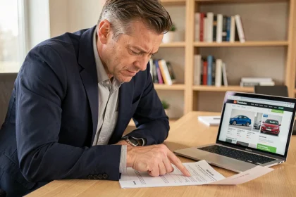 Homme d'affaires examinant des documents de vente automobile allemands sur un bureau, vérifiant les mentions de TVA avant signature