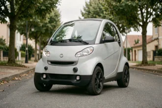 Voiture sans permis électrique compacte équipée de capteurs de sécurité avancés garée dans une rue résidentielle française